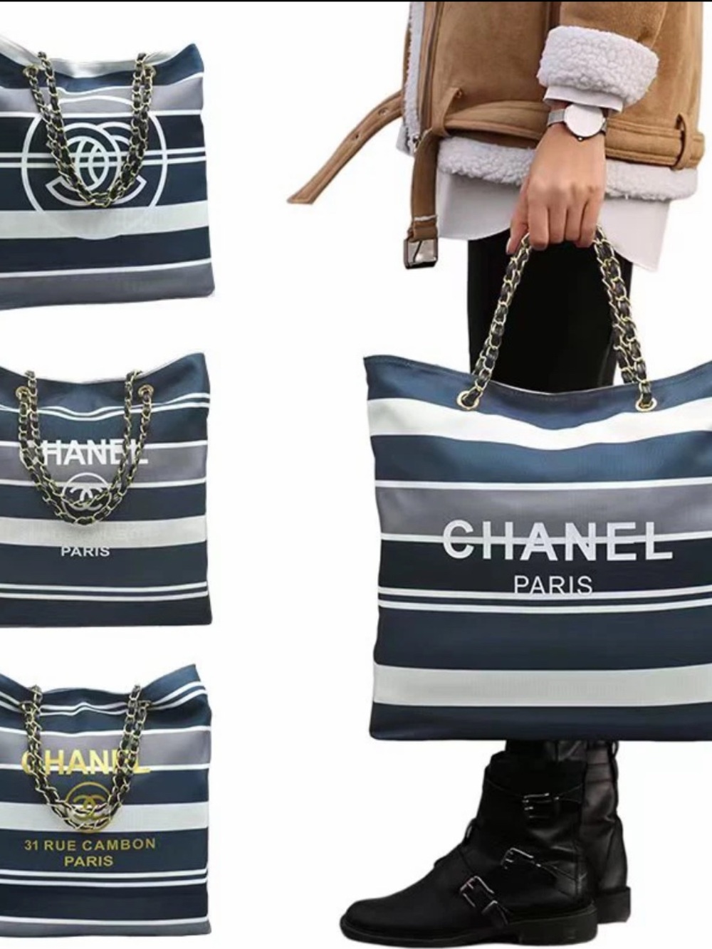 Luxury Tote Navy, White & Gray Striped Chain-Handle Tote NWT - Picture 3 of 12